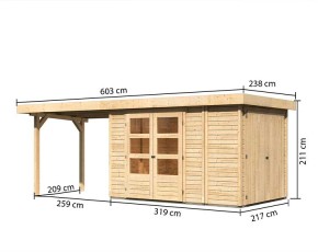 Karibu Holz-Gartenhaus Retola 3 + Anbauschrank + 2,8m Anbaudach - 19mm Elementhaus - Flachdach - natur