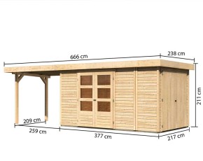 Karibu Holz-Gartenhaus Retola 5 + Anbauschrank + 2,8m Anbaudach - 19mm Elementhaus - Flachdach - natur