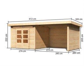 Karibu Holz-Gartenhaus Kandern 6 + 3,2m Anbaudach + Seiten + Rückwand - 28mm Elementhaus - Gartenhaus Lounge - Pultdach - natur