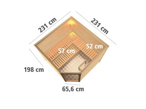 Karibu Innensauna Leona + 9kW Saunaofen + externe Steuerung Easy - 38mm Blockbohlensauna - Ganzglastür graphit - Ecksauna