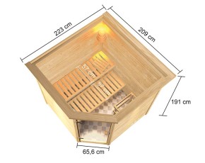 Karibu Innensauna Tilda + Dachkranz - 38mm Blockbohlensauna - niedrige Deckenhöhe - Ecksauna