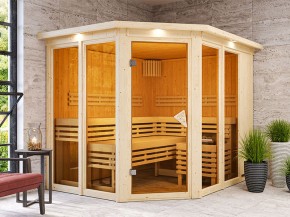 Karibu Innensauna Ainur + Glasfront + Superior-Ausstattung + Dachkranz + 9kW Saunaofen + externe Steuerung Easy - 68mm Elementsauna - Ecksauna