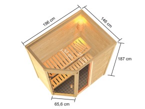 Karibu Innensauna Jada + Fenster - 38mm Blockbohlensauna - niedrige Deckenhöhe - Ecksauna