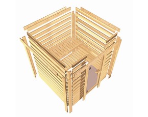 Karibu Innensauna Jada + Fenster + Dachkranz + 9kW Saunaofen + externe Steuerung - 38mm Blockbohlensauna - niedrige Deckenhöhe - Ecksauna