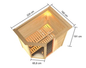 Karibu Innensauna Jada + Fenster + Dachkranz + 9kW Saunaofen + externe Steuerung - 38mm Blockbohlensauna - niedrige Deckenhöhe - Ecksauna