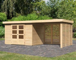 Karibu Holz-Gartenhaus Askola 4 + 2,8m Anbaudach + Lamellenwände - 19mm Elementhaus - Flachdach - natur