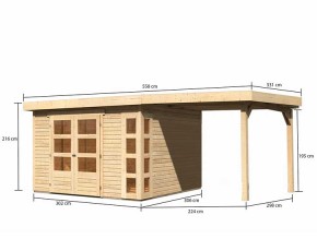 Karibu Holz-Gartenhaus Kerko 6 + 2,4m Anbaudach - 19mm Elementhaus - Flachdach - natur