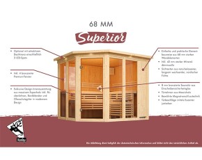Karibu Innensauna Asta + 9kW Saunaofen + 2 Infrarotstrahler - 68mm Elementsauna - Ecksauna - Kombisauna - Glasfront