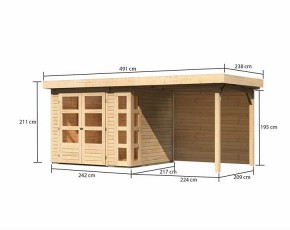 Karibu Holz-Gartenhaus Kerko 3 + 2,4m Anbaudach + Rückwand - 19mm Elementhaus - Flachdach - natur