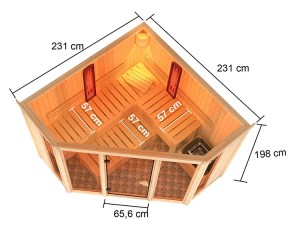 Karibu Innensauna Asta + 9kW Bio-Kombiofen + 2 Infrarotstrahler - 68mm Elementsauna - Ecksauna - Kombisauna - Glasfront