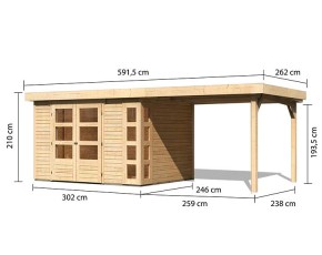 Karibu Holz-Gartenhaus Kerko 5 + 2,8m Anbaudach - 19mm Elementhaus - Flachdach - natur