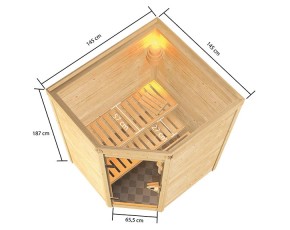 Karibu Innensauna Antonia + 3,6kW Plug&Play Saunaofen + integrierte Steuerung - 38mm Blockbohlensauna - niedrige Deckenhöhe - Ecksauna