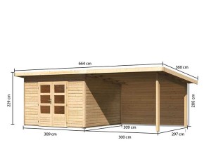 Karibu Holz-Gartenhaus Northeim 3 + 3,3m Anbaudach + Rückwand - 38mm Elementhaus - Pultdach - natur