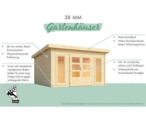 Karibu Holz-Gartenhaus Northeim 5 + 3,3m Anbaudach + Rückwand - 38mm Elementhaus - Pultdach - natur