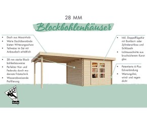 Karibu Holz-Gartenhaus Bastrup 8 + 3m Anbaudach + Rückwand - 28mm Blockbohlen - Pultdach - natur