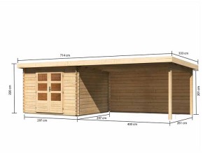 Karibu Holz-Gartenhaus Bastrup 5 + 4m Anbaudach + Rückwand - 28mm Blockbohlenhaus - Pultdach - natur