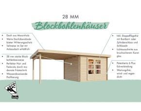 Karibu Holz-Gartenhaus Bastrup 8 + 4m Anbauchdach + Rückwand - 28mm Blockbohlen - Pultdach - natur