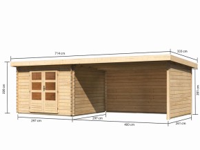 Karibu Holz-Gartenhaus Bastrup 5 + 4m Anbaudach + Seiten + Rückwand - 28mm Blockbohlenhaus  - Gartenhaus Lounge - Pultdach - natur