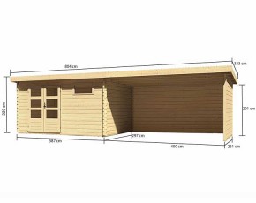 Karibu Holz-Gartenhaus Bastrup 8 + 4m Anbauchdach + Seiten + Rückwand - 28mm Blockbohlen - Pultdach - natur