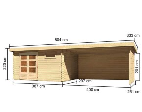 Karibu Holz-Gartenhaus Bastrup 8 + 4m Anbauchdach + Seiten + Rückwand - 28mm Blockbohlen - Pultdach - natur