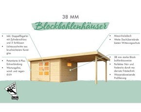 Karibu Holz-Gartenhaus Trittau 3 + 3,3m Anbaudach + Rückwand - 38mm Blockbohlenhaus - Gartenhaus Lounge - Pultdach - natur