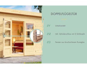 Karibu Holz-Gartenhaus Trittau 3 + 3,3m Anbaudach + Rückwand - 38mm Blockbohlenhaus - Gartenhaus Lounge - Pultdach - natur