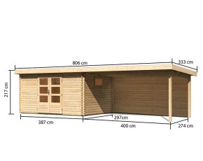 Karibu Holz-Gartenhaus Trittau 5 + 4,4m Anbaudach + Rückwand - 38mm Blockbohlenhaus - Gartenhaus Lounge - Pultdach - natur