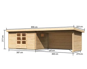 Karibu Holz-Gartenhaus Trittau 5 + 4,4m Anbaudach + Seiten + Rückwand - 38mm Blockbohlenhaus - Gartenhaus Lounge - Pultdach - natur