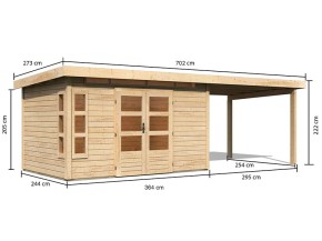 Karibu Holz-Gartenhaus Kastorf 7 + 3,2m Anbaudach - 28mm Elementhaus - Pultdach - natur