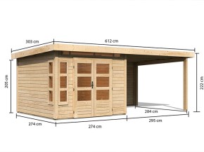 Karibu Holz-Gartenhaus Kastorf 6 + 3,2m Anbaudach + Rückwand - 28mm Elementhaus - Gartenhaus Lounge - Pultdach - natur