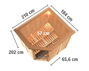 Karibu Innensauna Siirin + Dachkranz + 9kW Bio-Kombiofen + externe Steuerung - 68mm Systemsauna - Ganzglastür klar - Ecksauna