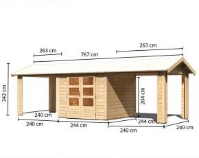 Karibu Holz-Gartenhaus Theres 3 + 2 x 2,6m Anbaudach - 28mm Elementhaus - Satteldach - natur