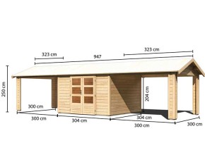 Karibu Holz-Gartenhaus Theres 7 + 2 x 3,2m Anbaudach - 28mm Elementhaus - Satteldach - natur