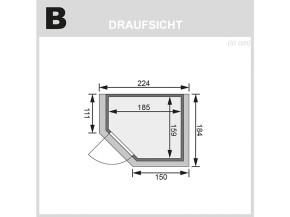 Karibu Innensauna Mia + Dachkranz + 4,5kW Saunaofen + externe Steuerung Easy - 38mm Blockbohlensauna - Ganzglastür graphit - Ecksauna