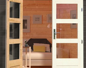 Karibu Holz-Gartenhaus Bastrup 2 + 3m Anbaudach - 28mm Blockbohlenhaus - Pultdach - terragrau