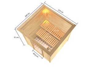 Karibu Innensauna Jara + Dachkranz + 4,5kW Bio-Kombiofen + externe Steuerung Easy bio - 38mm Blockbohlensauna - niedrige Deckenhöhe