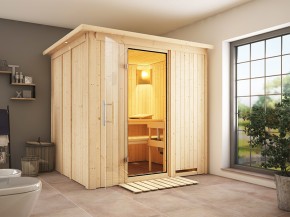 Karibu Innensauna Sodin + Dachkranz + 4,5kW Saunaofen + externe Steuerung Easy - 68mm Elementsauna - Ganzglastür klar