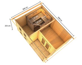 Karibu Gartensauna Mainburg 5 B + Vorraum + 3 Liegen + Vordach + 9kW Saunaofen + externe Steuerung - 38mm Saunahaus - Pultdach - natur