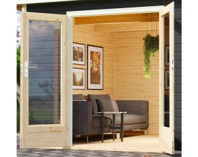 Karibu Gartensauna Mainburg 2 A + Vorraum + 2 Liegen + 9kW Bio-Kombiofen + externe Steuerung - 38mm Saunahaus - Pultdach - terragrau