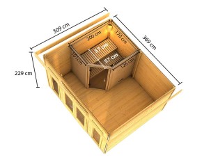 Karibu Gartensauna Mainburg 2 A + Vorraum + 2 Liegen + 9kW Bio-Kombiofen + externe Steuerung - 38mm Saunahaus - Pultdach - terragrau