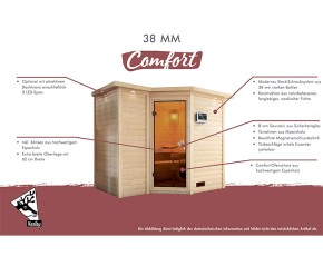 Karibu Innensauna Sahib 1 + Comfort-Ausstattung + Dachkranz + 9kW Saunaofen + externe Steuerung - 38mm Blockbohlensauna - Ganzglastür graphit - Ecksauna