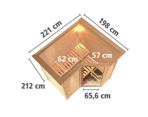 Karibu Innensauna Sahib 1 + Comfort-Ausstattung + Dachkranz - 38mm Blockbohlensauna - Energiespartür - Ecksauna