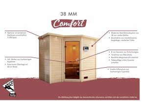 Karibu Innensauna Sahib 1 + Comfort-Ausstattung + Dachkranz + 9kW Saunaofen + externe Steuerung - 38mm Blockbohlensauna - Energiespartür - Ecksauna