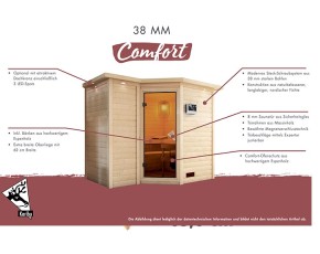 Karibu Innensauna Sahib 1 + Comfort-Ausstattung + Dachkranz - 38mm Blockbohlensauna - Ganzglastür klar - Ecksauna