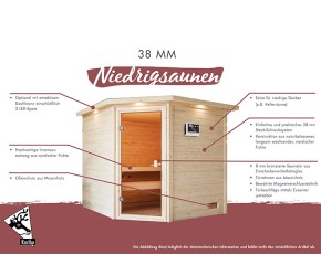 Karibu Innensauna Adelina + 9kW Saunaofen + externe Steuerung - 38mm Blockbohlensauna - niedrige Deckenhöhe