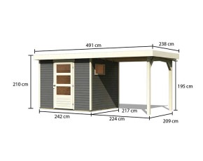 Karibu Holz-Gartenhaus Freiburg 3 + 2,4m Anbaudach - 19mm Elementhaus - Flachdach - terragrau