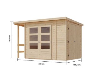 Karibu Holz-Gartenhaus Multi + Schrank + Anbaudach- 19mm Elementhaus - Pultdach - natur