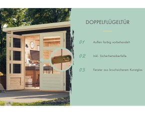 Karibu Holz-Gartenhaus Retola 2 + Anbauschrank + 2,8m Anbaudach - 19mm Elementhaus - Flachdach - terragrau