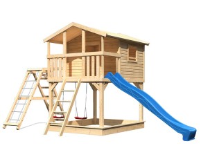 Akubi Spielturm Benjamin + Rutsche blau + Doppelschaukel mit Klettergerüst - natur