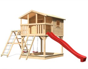 Akubi Spielturm Benjamin + Rutsche rot + Doppelschaukel mit Klettergerüst - natur